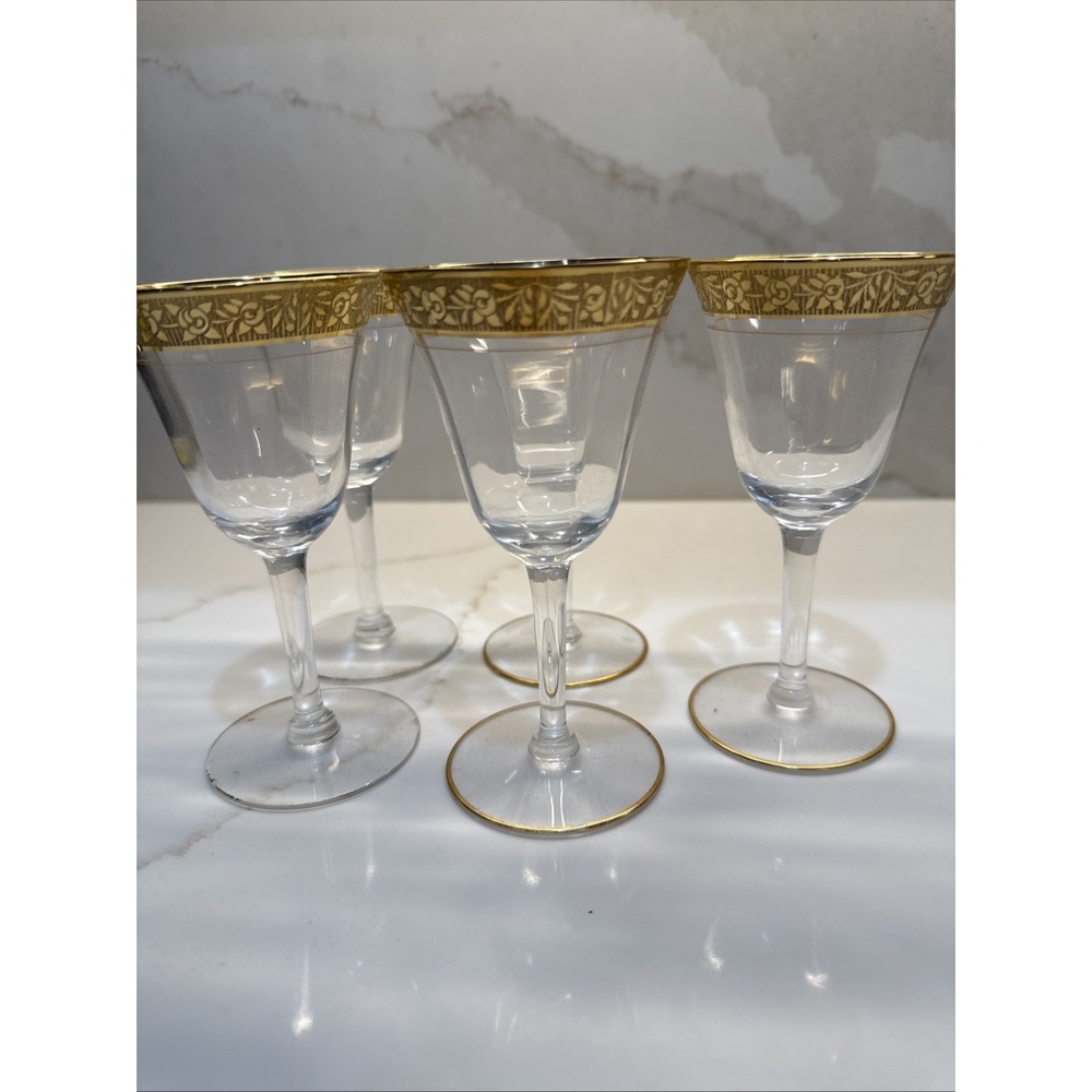 5 VTG Tiffin Franciscan Rambler Rose Water/Wine Goblet 5.5 Gold Rim